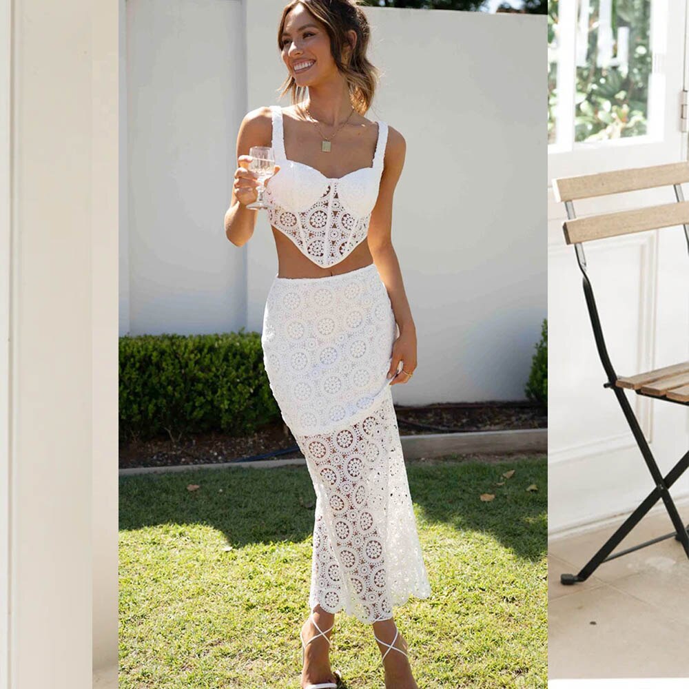 Conjunto Feminino Cropped e Saia Midi em Renda – Sofisticação e Estilo