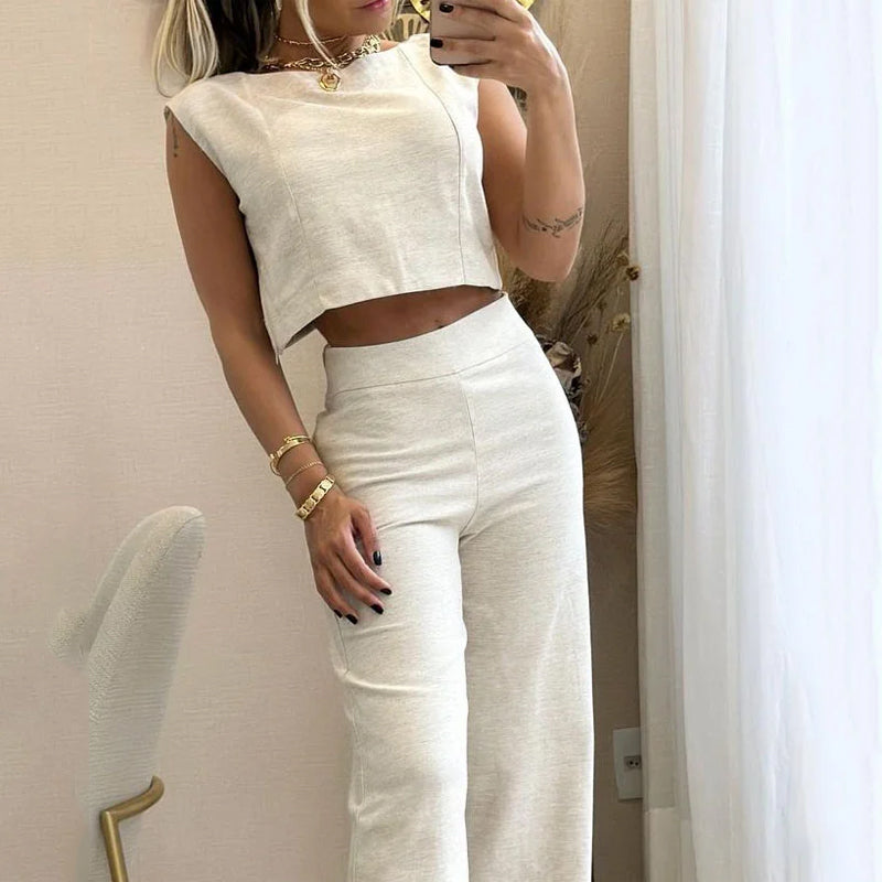 Conjunto Feminino de Calça Pantalona e Cropped Estruturado – Elegância e Conforto