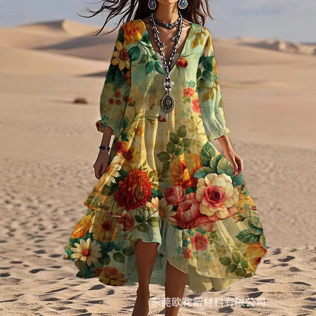 Vestido Feminino Boêmio Estampado de Manga Longa com Babado e Decote em V para Verão e Uso Casual – Le Vie