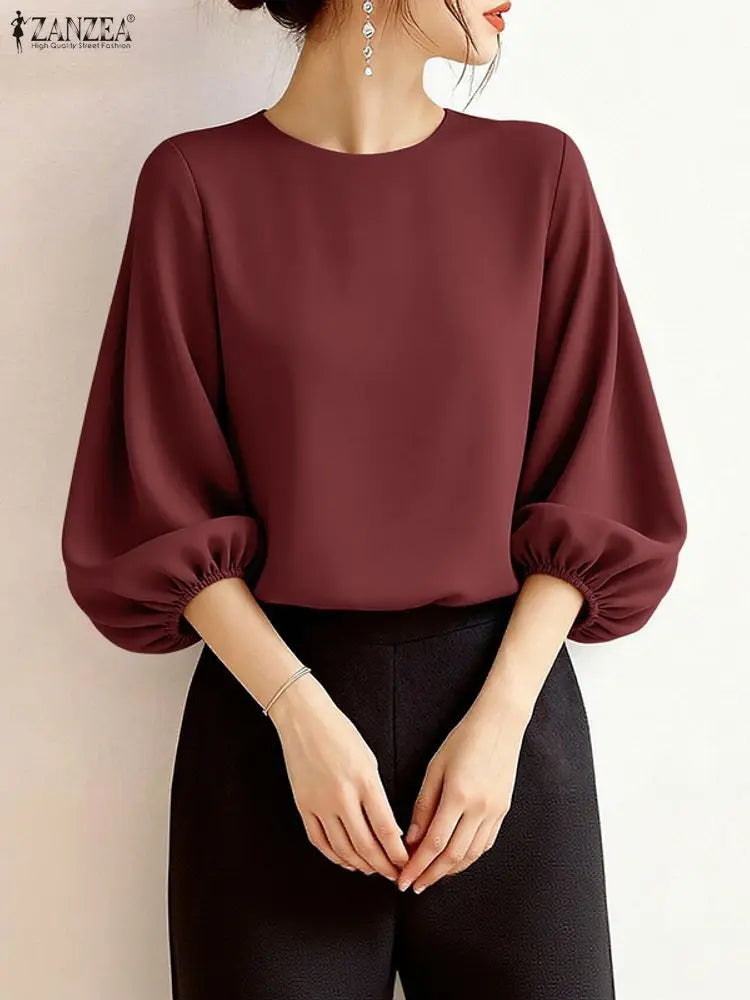 Blusa Feminina Elegante de Manga Lanterna 3/4 em Tecido Sólido para Escritório e Uso Casual Primavera Verão – Le Vie