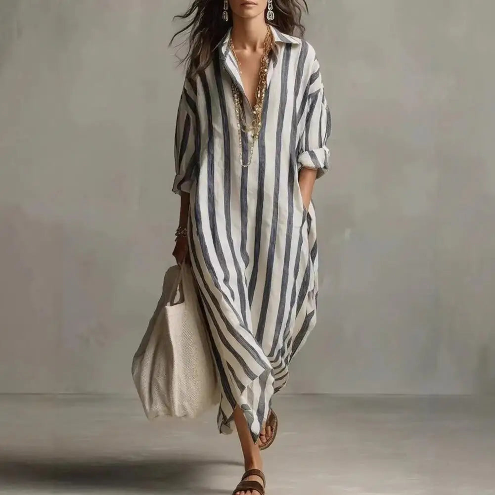 Vestido Feminino Listrado de Verão com Lapela Bolso e Fenda Lateral Corte Solto Manga Longa Estilo Europeu – Le Vie