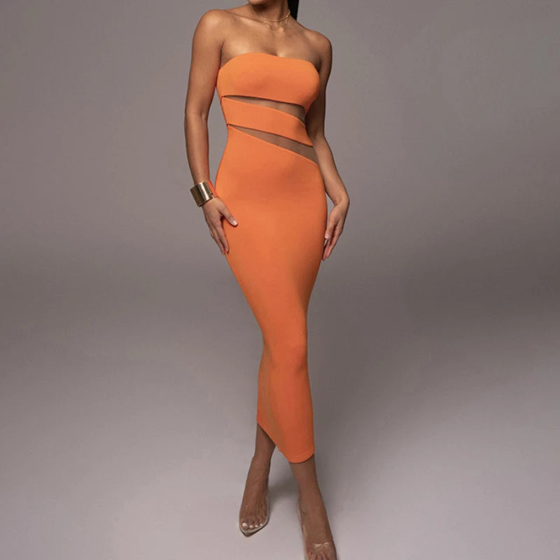 Vestido Laranja Strappy Bandagem com Recortes – Modelagem Justa Feminino