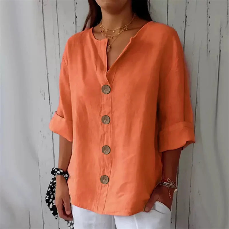 Camisa Feminina Casual Solta de Algodão e Linho com Decote em V e Botões para Escritório e Verão – Le Vie