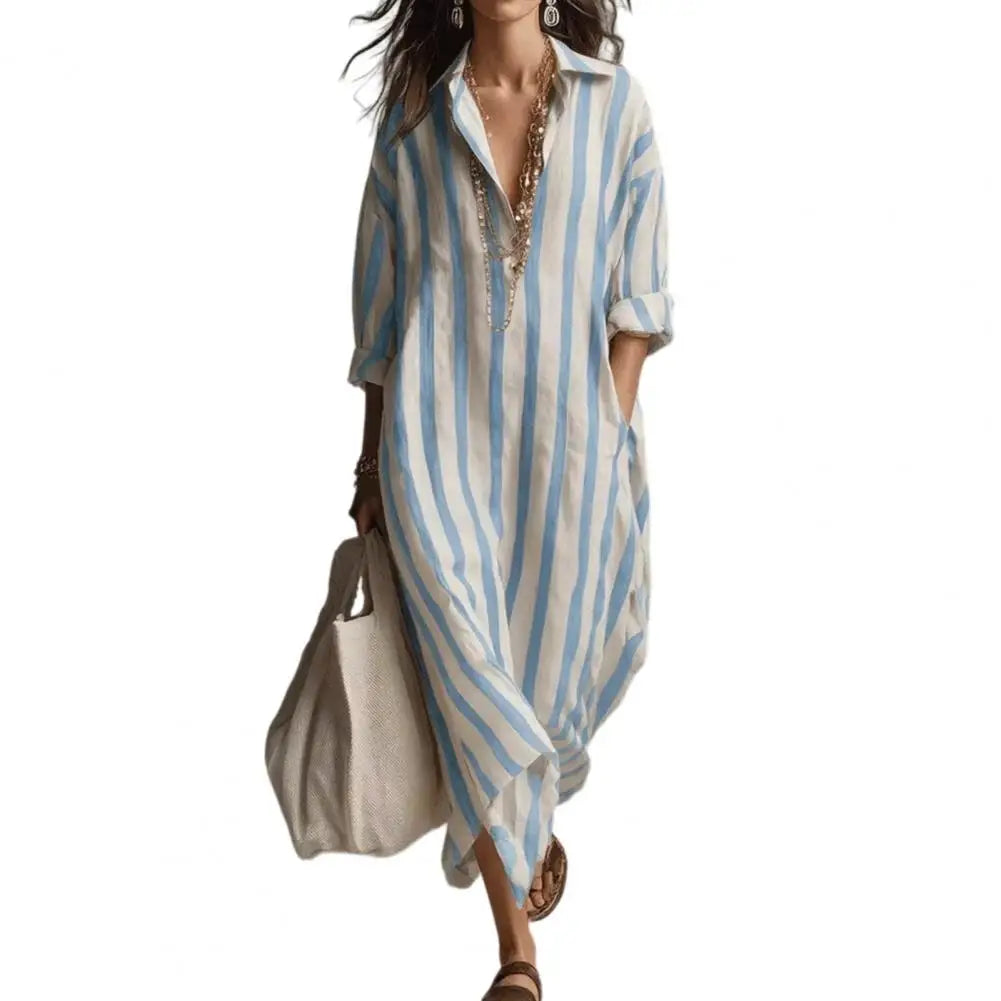 Vestido Feminino Listrado de Verão com Lapela Bolso e Fenda Lateral Corte Solto Manga Longa Estilo Europeu – Le Vie