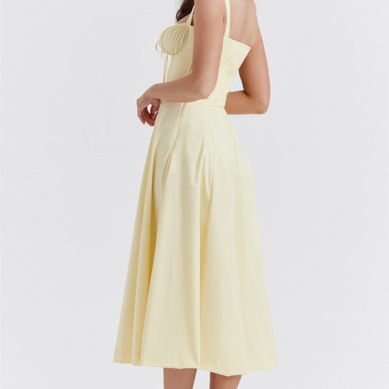 Vestido Midi Corset com Decote Franzido e Saia Ampla – Elegância Atemporal