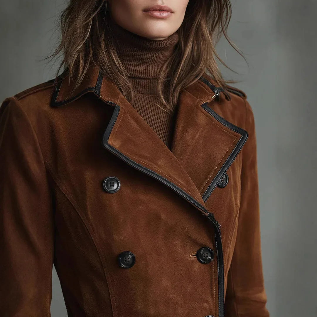 Jaqueta Feminina Longa Estilo Trench Coat em Suede com Cinto – Le Vie
