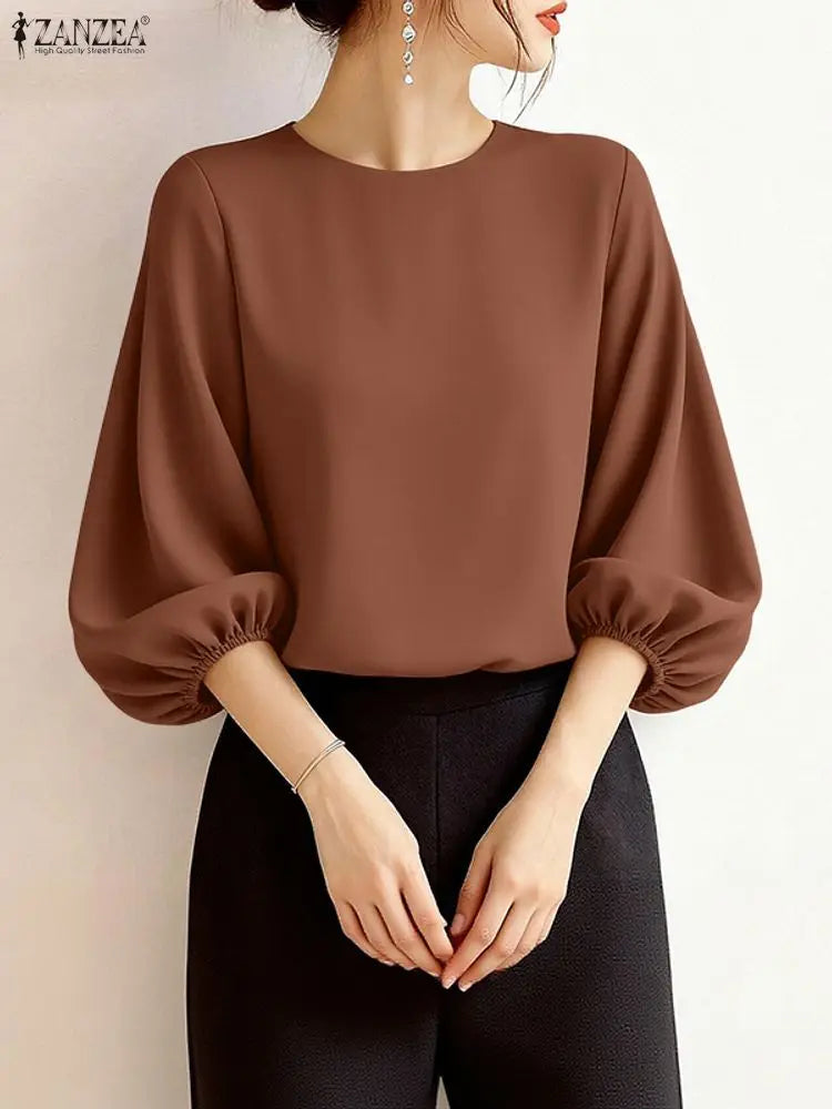 Blusa Feminina Elegante de Manga Lanterna 3/4 em Tecido Sólido para Escritório e Uso Casual Primavera Verão – Le Vie