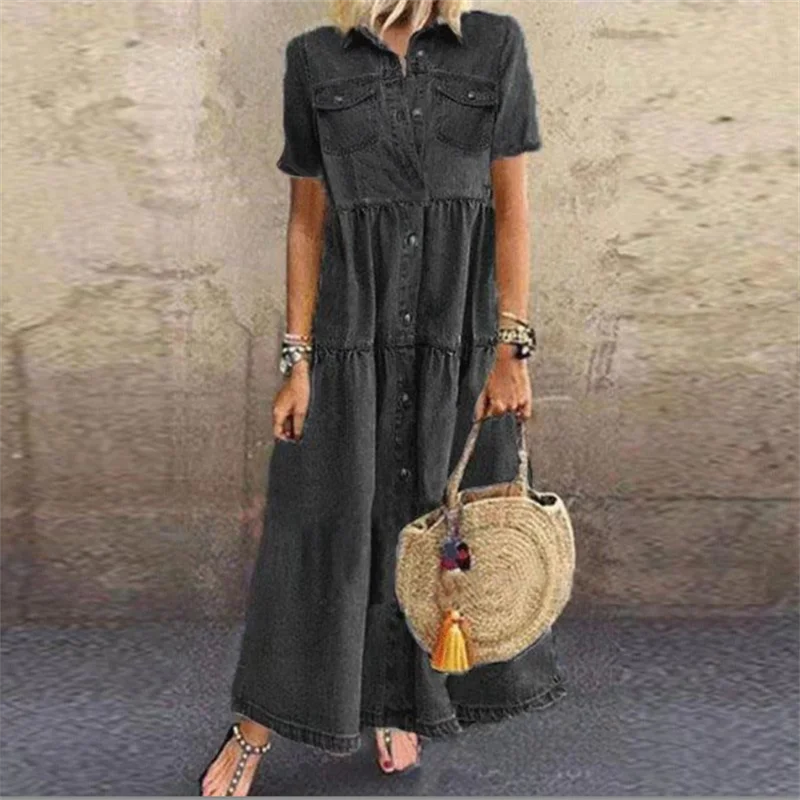 Vestido Chemise Feminino Jeans Midi com Botões e Saia Evasê em Jeans Premium – Le Vie