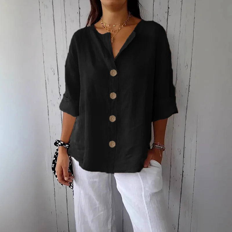 Camisa Feminina Casual Solta de Algodão e Linho com Decote em V e Botões para Escritório e Verão – Le Vie