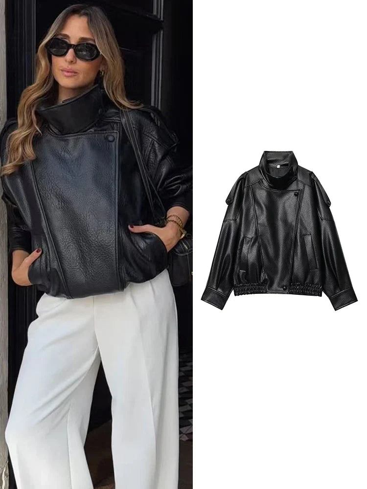 Jaqueta de Couro Feminina Oversized Estilo Motociclista em Pu Premium – Le Vie