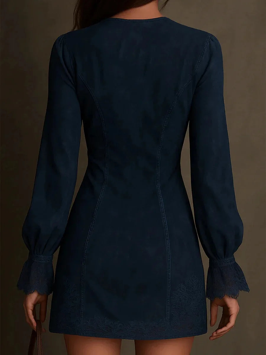 Vestido Feminino de Camurça Outono com Renda Bordada e Zíper Frontal - Manga Comprida - Bodycon Mini Vestido Boho - Le Vie
