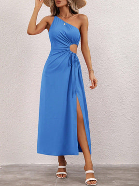 Vestido Longo Um Ombro Só com Recorte Lateral e Fenda – Elegância Moderna para Diversas Ocasiões