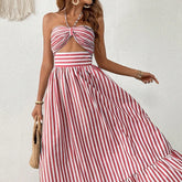 Vestido Longo Listrado com Recorte Frontal e Amarração – Estilo e Frescor para o Verão