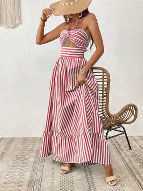 Vestido Longo Listrado com Recorte Frontal e Amarração – Estilo e Frescor para o Verão