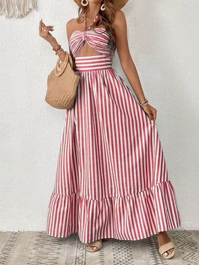 Vestido Longo Listrado com Recorte Frontal e Amarração – Estilo e Frescor para o Verão
