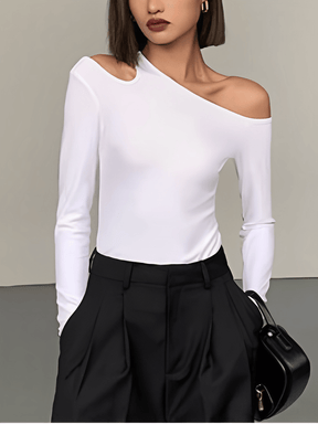 Blusa Feminina de Manga Longa Canelada Com Decote Assimétrico com Recorte no Ombro - Lohany