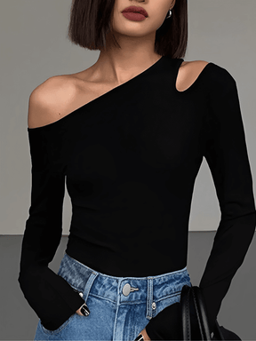 Blusa Feminina de Manga Longa Canelada Com Decote Assimétrico com Recorte no Ombro - Lohany