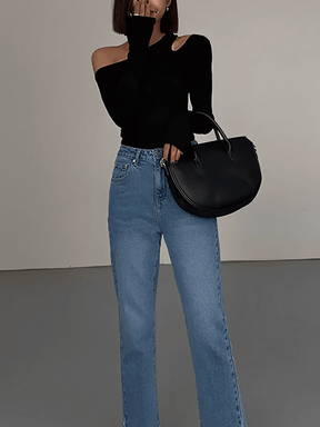 Blusa Feminina de Manga Longa Canelada Com Decote Assimétrico com Recorte no Ombro - Lohany