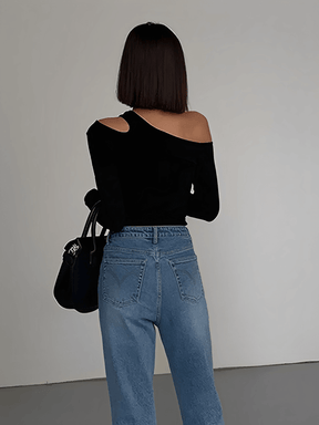 Blusa Feminina de Manga Longa Canelada Com Decote Assimétrico com Recorte no Ombro - Lohany