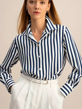 Camisa Feminina Listrada Manga Longa – Estilo Clássico e Versátil