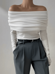 Blusa Feminina Ombro à Ombro de Manga Longa em Viscose Drapeada Sofisticado – Miriam