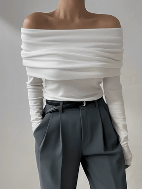 Blusa Feminina Ombro à Ombro de Manga Longa em Viscose Drapeada Sofisticado – Miriam