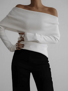 Blusa Feminina Ombro à Ombro de Manga Longa em Viscose Drapeada Sofisticado – Miriam