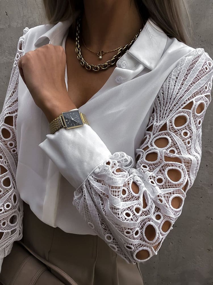 Camisa Feminina Manga Longa em Renda e Cetim – Elegância e Sofisticação