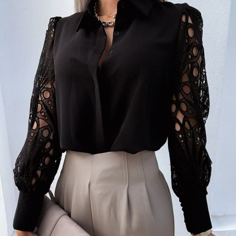 Camisa Feminina Manga Longa em Renda e Cetim – Elegância e Sofisticação