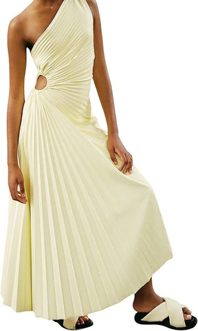 Vestido Longo Assimétrico Plissado de Um Ombro Só – Sofisticação Escultural