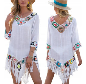 Saída de Praia Feminina em Crochê Branco com Franjas Boho – Le Vie