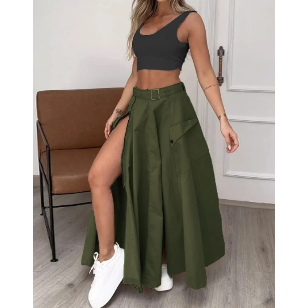 Saia Longa Feminina com Fenda Lateral e Cinto em Tecido Leve – Le Vie