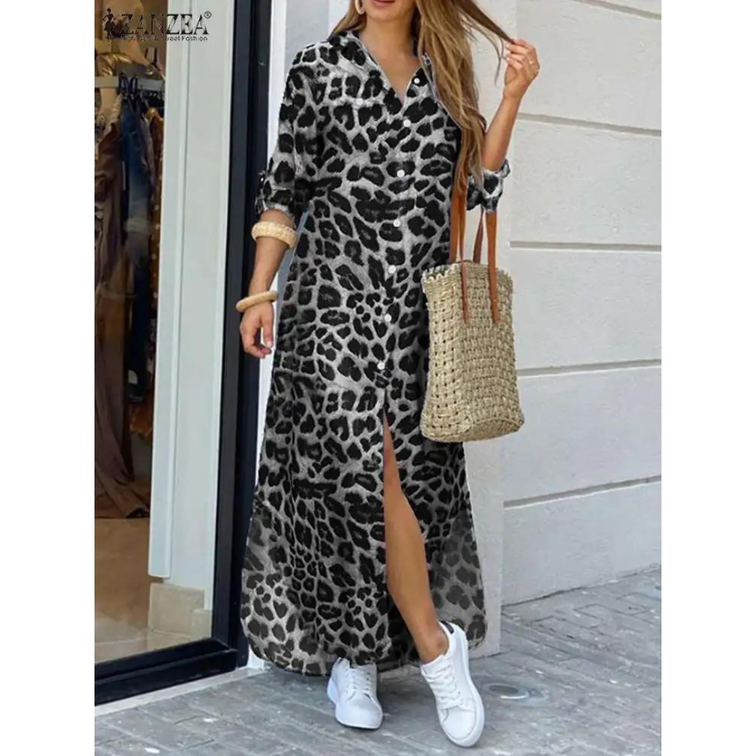 Vestido Longo Camisaria Estampa Animal Print com Fenda Frontal – Estilo e Conforto em Uma Única Peça