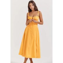 Vestido Midi Feminino com Busto Estruturado e Fenda em Tecido Leve – Le Vie
