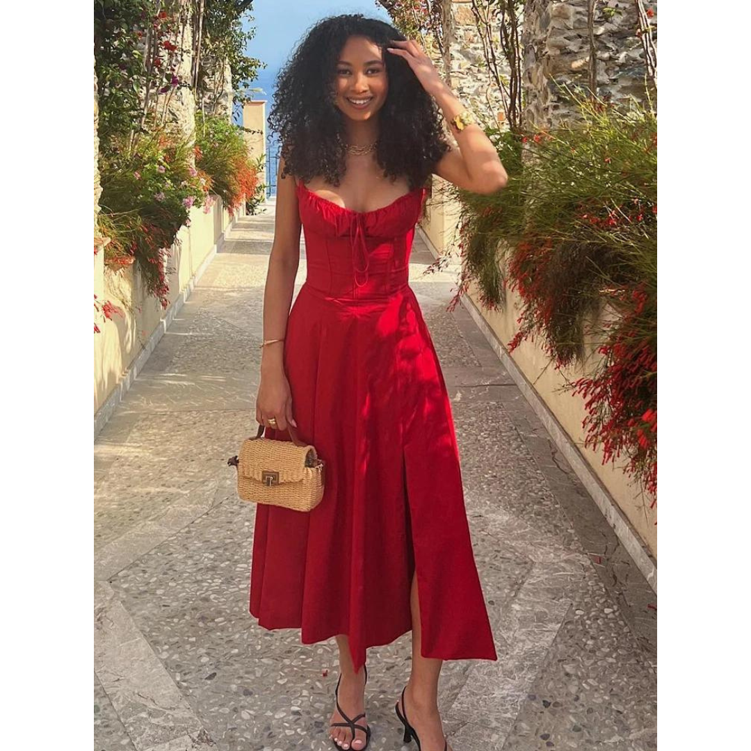 Vestido Midi Feminino com Busto Estruturado e Fenda em Tecido Leve – Le Vie
