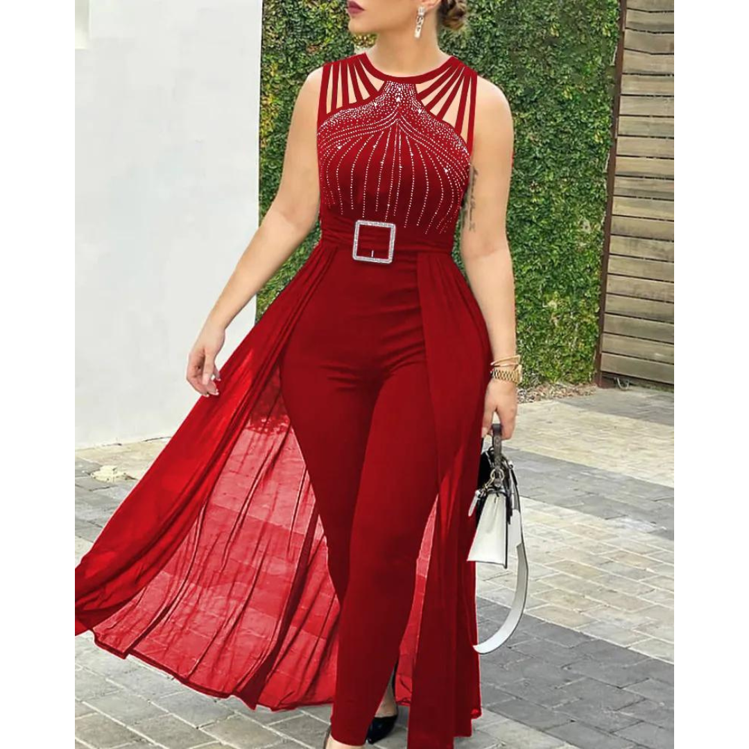 Macacão Longo Vermelho com Cinto e Saia Sobreposta – Elegância e Glamour para Festas e Eventos