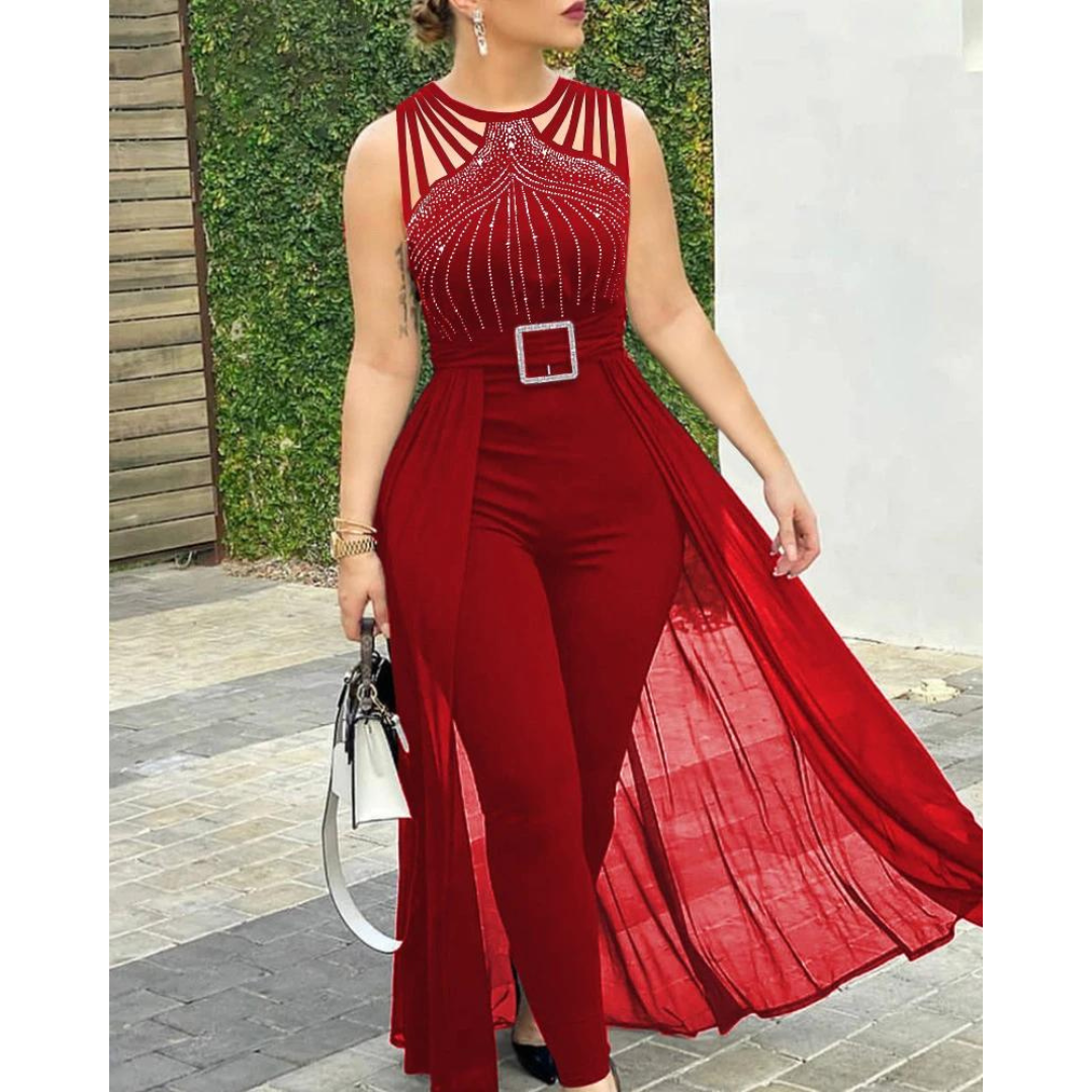 Macacão Longo Vermelho com Cinto e Saia Sobreposta – Elegância e Glamour para Festas e Eventos