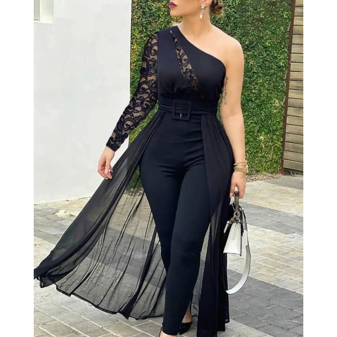 Macacão Longo Vermelho com Cinto e Saia Sobreposta – Elegância e Glamour para Festas e Eventos