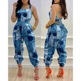 Macacão Feminino Estampa Jeans Patchwork – Estilo e Conforto em Uma Só Peça