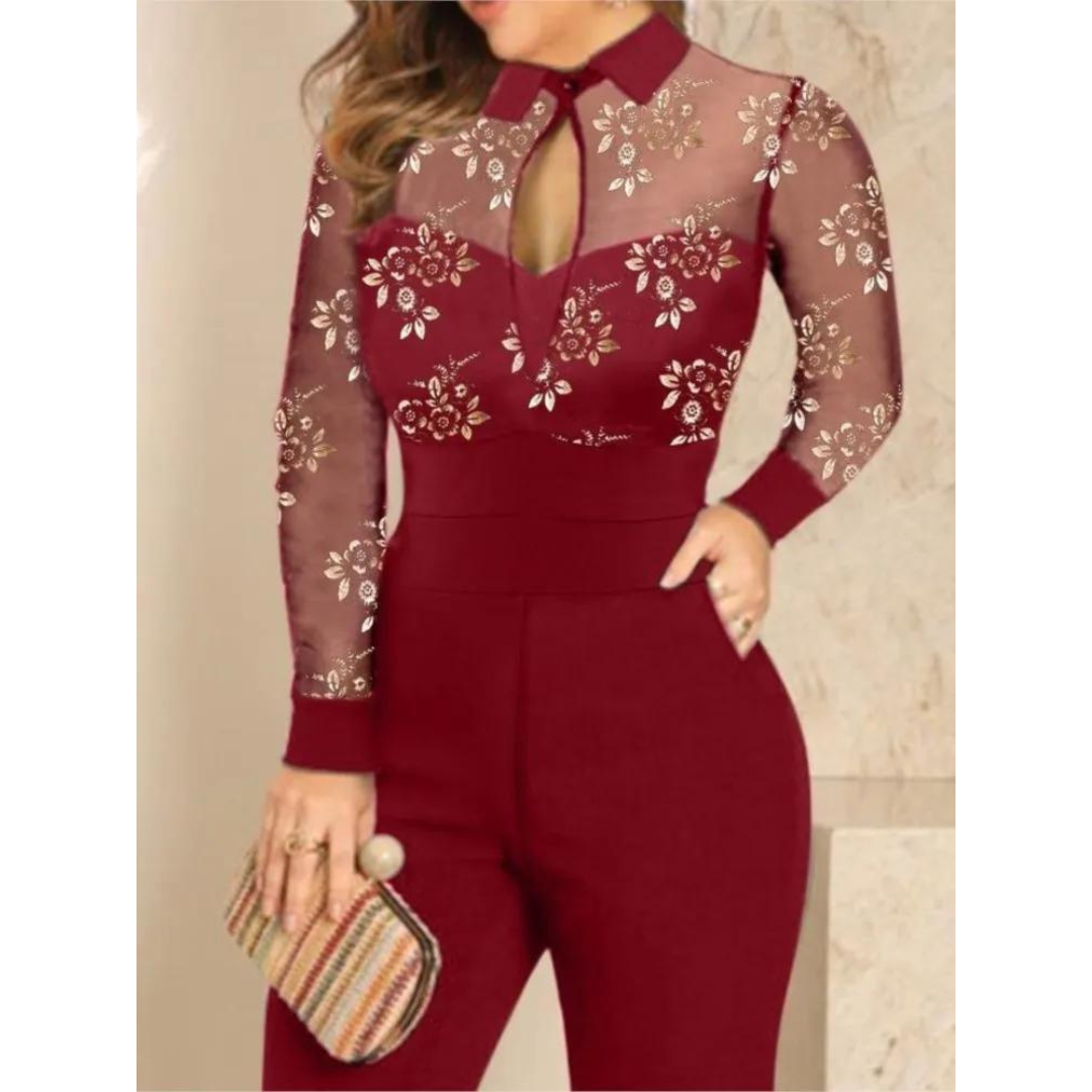 Macacão Feminino Preto com Manga Longa em Tule Bordado – Elegância e Sofisticação para Ocasiões Especiais