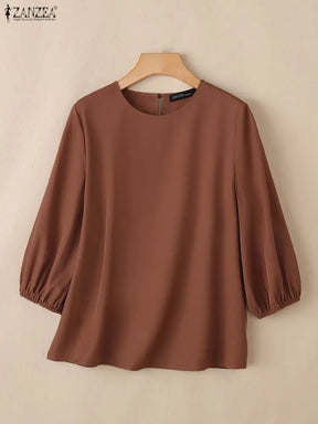 Blusa Feminina Elegante de Manga Lanterna 3/4 em Tecido Sólido para Escritório e Uso Casual Primavera Verão – Le Vie