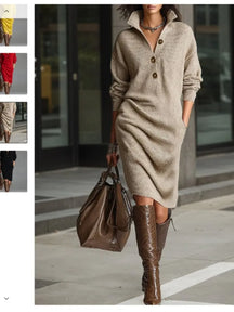 Vestido Feminino Casual de Malha com Botão e Lapela - Manga Longa, Bolsos e Modelagem Solta - Le Vie