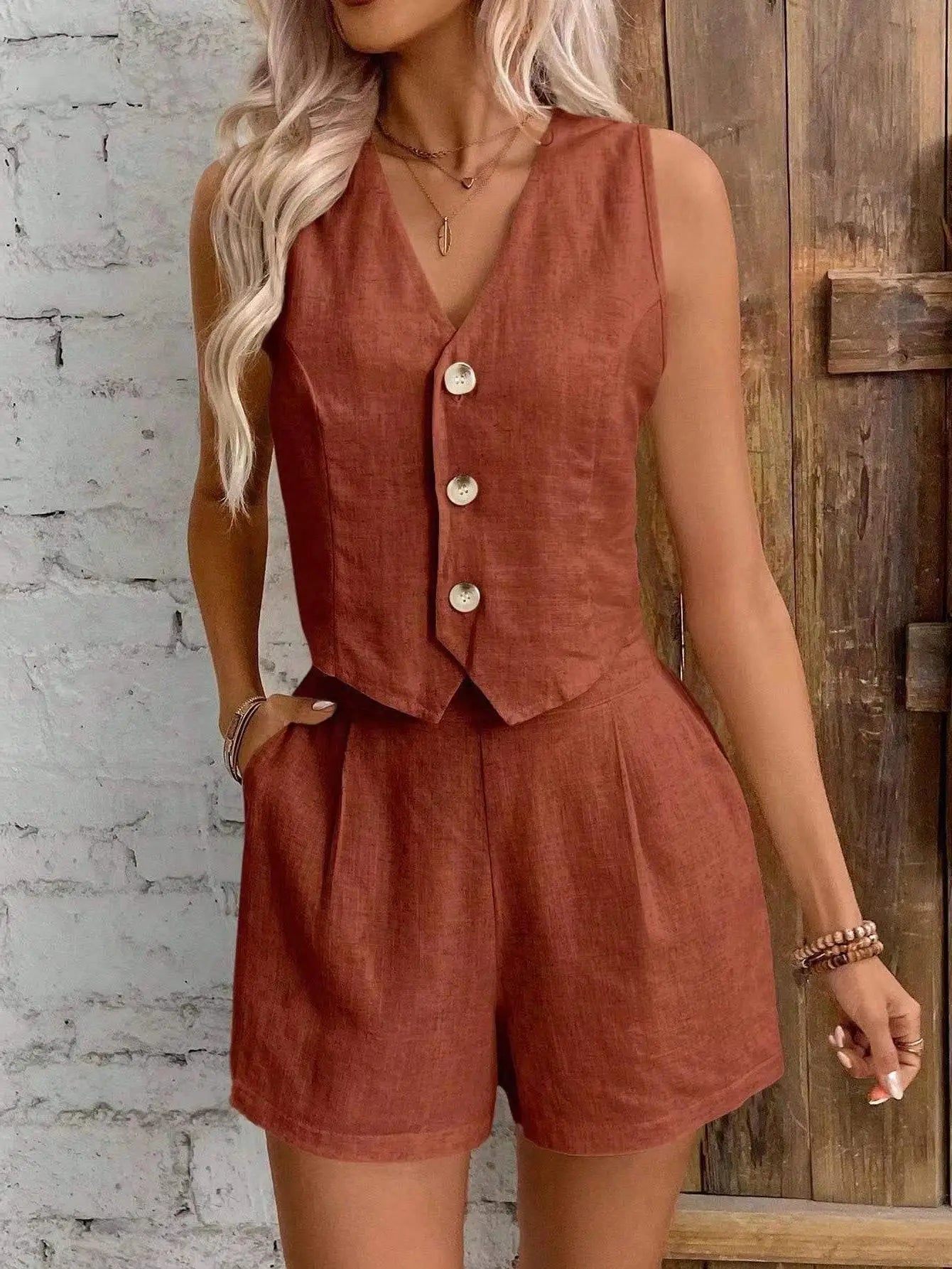 Conjunto Feminino de Colete e Shorts em Linho com Algodão Premium – Le Vie