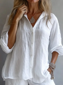 Blusa Feminina Casual de Manga Longa em Linho com Gola Virada e Corte Solto para Verão e Uso Diário – Le Vie