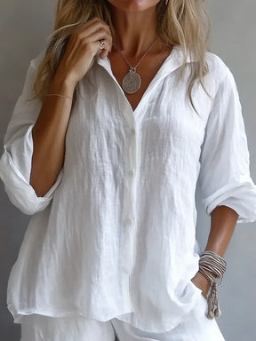Blusa Feminina Casual de Manga Longa em Linho com Gola Virada e Corte Solto para Verão e Uso Diário – Le Vie