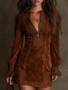 Vestido Feminino de Camurça Outono com Renda Bordada e Zíper Frontal - Manga Comprida - Bodycon Mini Vestido Boho - Le Vie