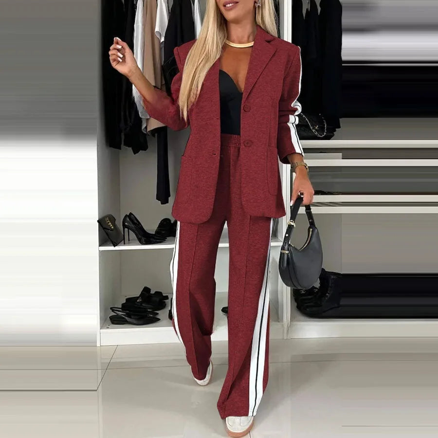 Conjunto Feminino de Blazer Alongado e Calça Reta Esportiva em Malha Estruturada Premium – Le Vie