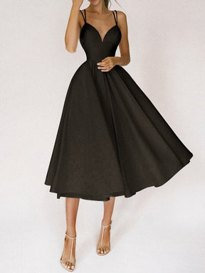 Vestido Longo de Alças Finas com Decote Profundo e Saia Rodada – Elegância e Sofisticação para Momentos Únicos