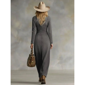 Vestido Maxi Feminino Jeans Vintage Lavado Estilo Boho Western com Manga Longa e Fenda na Barra – Le Vie