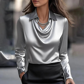 Camisa Feminina Elegante Francesa de Cetim com Botões e Manga Longa para Uso Casual e Escritório – Le Vie